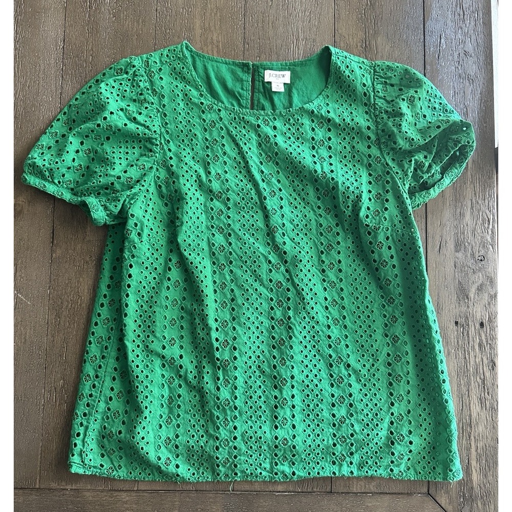 Emerald Green Eyelet Puff-Sleeve Short Sleeve Blouse Top J Crew Size SM Holiday